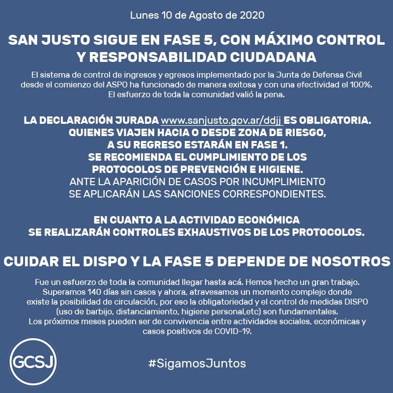 SEGUIMOS EN FASE 5, CON MÁXIMO CONTROL Y RESPONSABILIDAD CIUDADANA. 