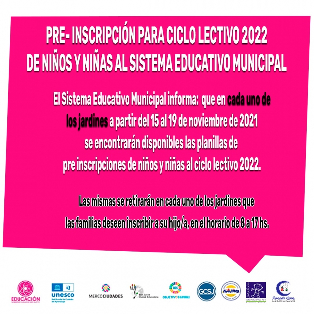 PRE- INSCRIPCIÓN PARA CICLO LECTIVO 2022 DE NIÑOS Y NIÑAS AL SISTEMA EDUCATIVO MUNICIPAL 