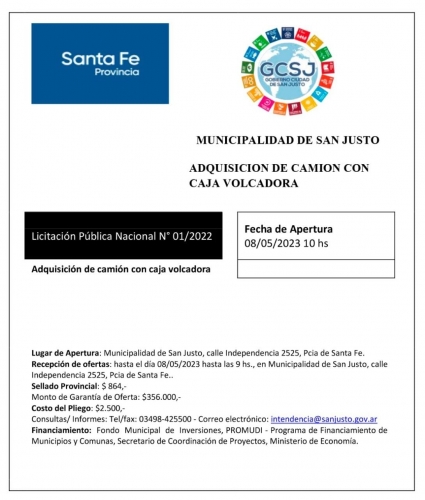 MUNICIPALIDAD DE LA CIUDAD DE SAN JUSTO – LICITACIÓN PÚBLICA Nº 01/2023.