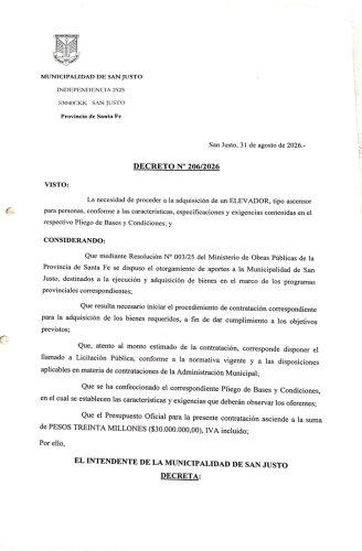  MUNICIPALIDAD DE LA CIUDAD DE SAN JUSTO, LICITACIÓN PÚBLICA Nº 05/2026.